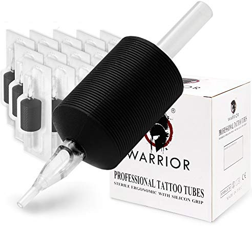 WARRIOR Tubes de Tatouage Poignée Stérile Tube Tattoo Grip Professionnel Antidérapant Jetable avec Pointe Longue en Caoutchouc Souple 30mm Round/Liner Shader Pack de 15 pièces (1.2/5R)