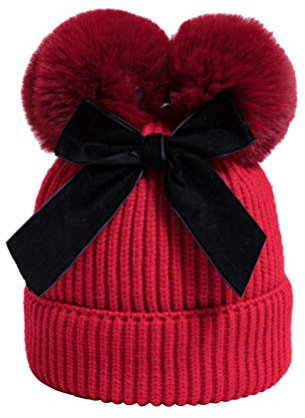 Amosfun Kids Pom Pom Beanie Hat with Bow Winter Cap for Child Baby Boy Girl Outdoor Ski Warm Knitting Hat (Red)