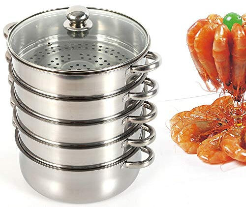 WUPYI2018 Hervidor de Vapor de Acero Inoxidable, 4 recipientes para cocinar al Vapor, con Tapa de Cristal (28 cm)