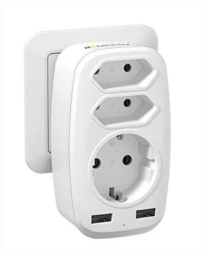 LENCENT Ladron Enchufe USB Schuko 4000W, Enchufe Multiple con USB, Cargador de Pared,1 Schuko, 2 Clavija EU y 2 Puertos USB, Adaptador Enchufe Portatíl Casa, Oficina y Cocina