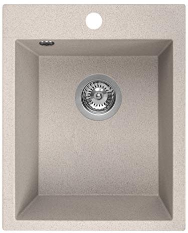 Manestein Spülbecken, Küchenspüle aus Granit, Einbauspüle, Einzelbecken mit Siphon, Fleckenbeständig und Pflegeleicht, 80% Quarzsand, 1 Becken, 48 x 39 cm, Beige Gesprenkelt