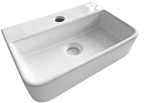 ADOB Design Keramik Waschbecken Hängewaschbecken Aufsatzwaschbecken eckig Farbe weiss für Bad oder WC, inkl. Siphon und Ablaufventil, 38,5 x 17,5 x 9 cm, 28051