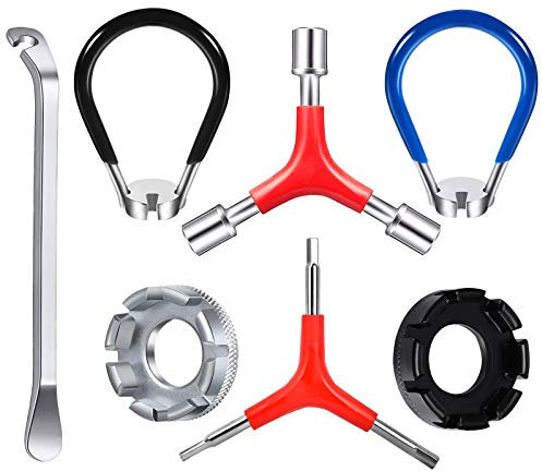 CHIVENIDO Juego de llaves para radios de bicicleta, 7 piezas, kit de herramientas portátiles para radios de bicicleta, incluye herramienta de 8 vías, llave de radio con mango de goma, palanca de