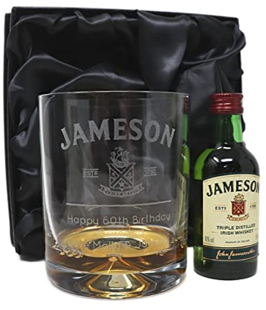 Regalo Personalised 9oz Dimple Glass Tumbler & 5cl Irish Whiskey Miniature - Jameson Label Design | Add a Name & Message, Laser Engraved in Our UK Workshop | 40% ABV | 18+ (Silk Lined Gift Box)