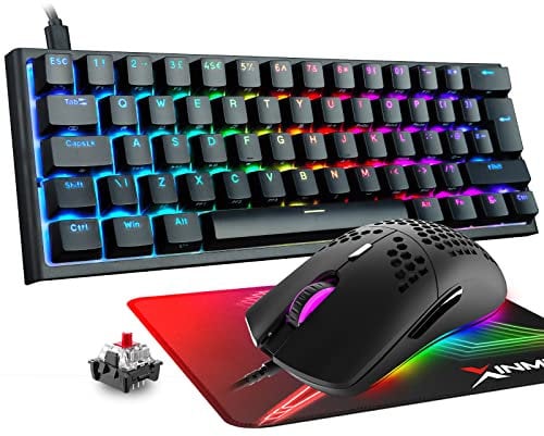 MAGIC-REFINER 60% Gaming Keyboard and Mouse Combo, RGB Backlit Mechanical Keyboard,Lightweight Gaming Mouse,62 Keys USB C Wire Mice 12000 DPI for Win/Mac/PC, UK Layout (Black/Red Switch)