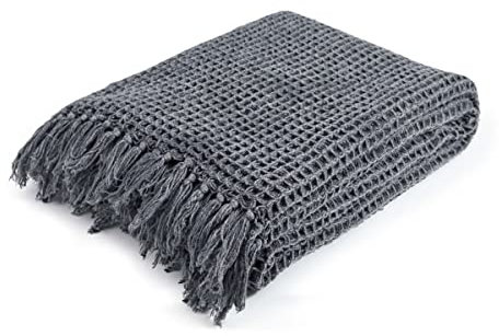 MAGMA Plaid Waffel - mit Fransen - skandinavisch - Baumwolle - ca. B130 x L170 cm - Anthrazit