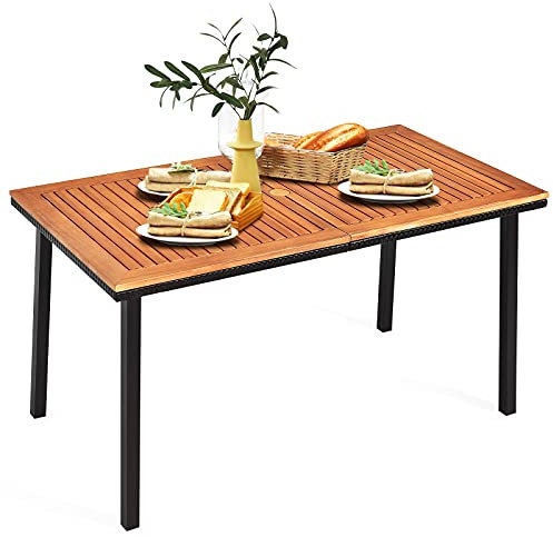 RELAX4LIFE Table de Salle à Manger en Bois d’Acacia avec Trou de Parasol et Cadre en Fer Solide, Table de Jardin Idéal pour Terrasse Jardin Patio, 140x75x76CM, Naturel+Noir