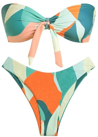ZAFUL Knotted Bandeau Bikini for Women Strapless Swimsuits High Cut Bathing Suit Sexy 2 Piece Swimwear Green Print S