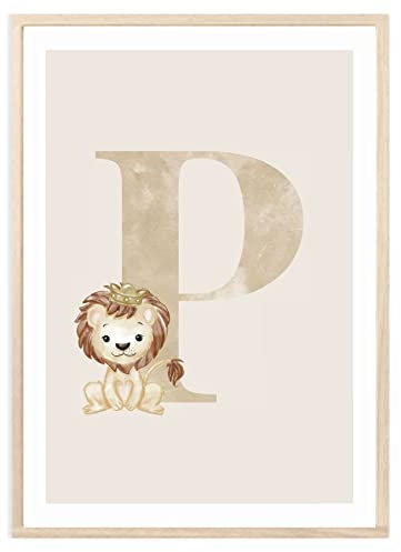 MeinBaby123® Buchstaben Poster DIN A4 Kinderzimmer Mädchen und Junge | Babyzimmer Deko | Bilder Kinderzimmer | Geschenkideen zur Geburt | Geburtsposter | Anfangsbuchstabe Poster (Löwe - P)