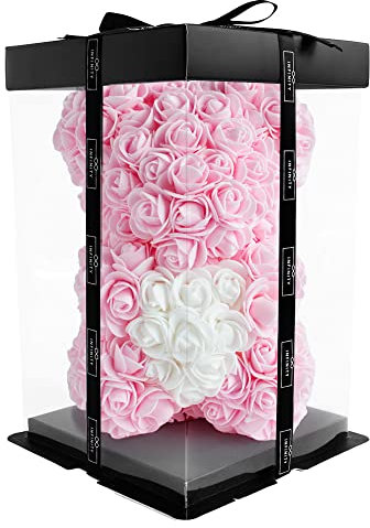 Infinity® Rosenbär Rosa 25 cm mit Herz – Handgefertigter Bär mit Geschenkbox & über 300 duftenden 3D-Rosen – Geschenk für Frauen, Geburtstag oder Jahrestag