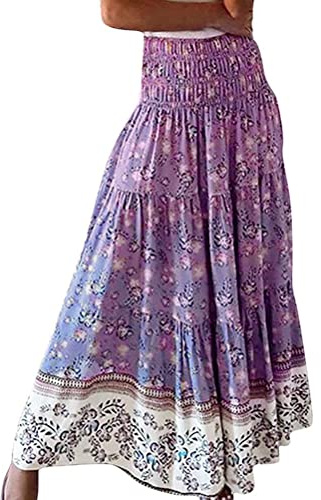 seiveini Maxi Gonna da Donna Estivo Stampato Floreale Gonna Lunga a Vita Alta Vintage Gonna Fluide in Chiffon Taglie Forti Gonna a Trapezio Floreale Lunga E Viola XS