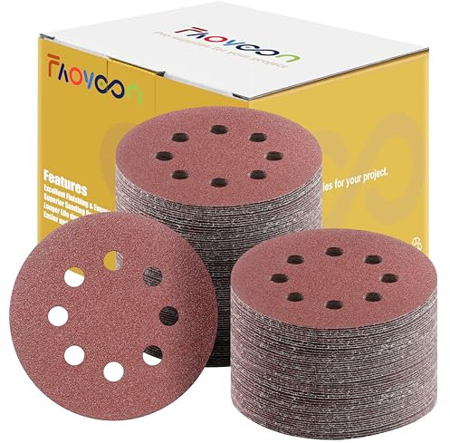 Faoyoon Lot de 100 disques de ponçage orbitaux de 12,7 cm à 8 trous, papier abrasif à crochet et boucle, papier abrasif pour bois, grain 60 pour ponceuse orbitale aléatoire