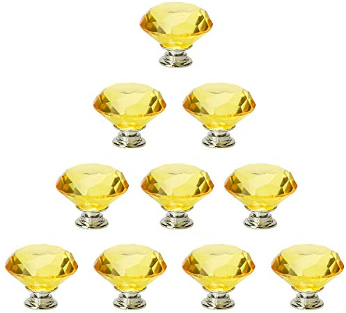 JIABOSE 10pcs 30mm Yellow Crystal Door Knobs for Cabinet Drawer Wardrobe Home Decorating with Silver Base