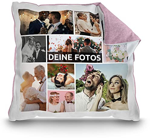 PR Print Royal Kissen mit Fotocollage selbst gestalten - mit 9 Fotos Personalisieren - Geschenk für Freunde und Familie | Rückseite Pastellrosa, inkl. Kissenfüllung, 40x40cm