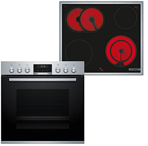 Bosch HND411LW62 Herd-Glaskeramik-Kochfeld-Kombination (herdgesteuert), 59,4 cm breit, 3D Heißluft-Backen auf drei Ebenen, Rote LED-Display-Steuerung, Versenkknebel, Kindersicherung