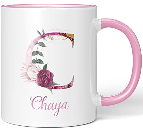 JUNIWORDS Tasse, Chaya, Name Anfangsbuchstabe Initial Alphabet Floral Buchstabe C Monogramm Motiv, Rosa (5501117)