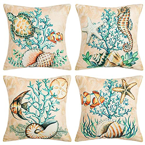 HomeStilez 4 Stück Kissenbezüge Meerespflanzen und Tiere Baumwoll Leinen Kissenhülle 45x45cm Beige Dekorativer Dekokissen Sofakissen Dekokissenhülle mit Unsichtbarem Reißverschluss