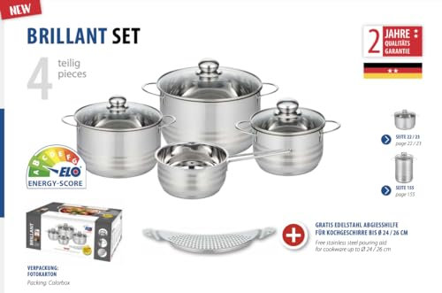 ELO Topfset Brilliant 4+1 teilig, Edelstahl, hochglanzpoliert, Volumenskala, energiesparender Kapselboden, hitzebeständig, silberfarben