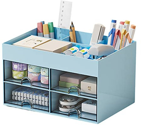 Schreibtisch-Organizer, niedliche Make-up-Aufbewahrungsbox mit 4 Schubladen und 4 Fächern, Schreibtisch-Organizer, Stifthalter für Zuhause, Büro und Schule (blau)