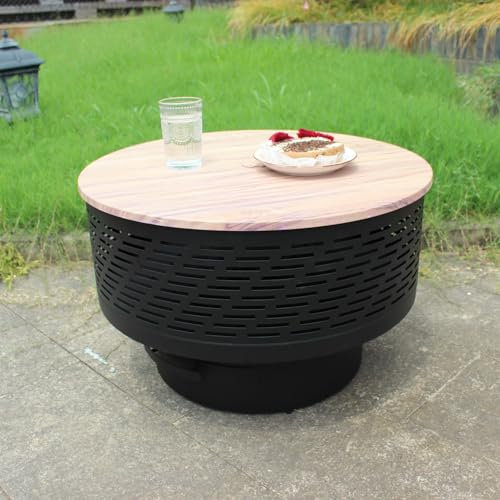 OutVue 66 cm große Holz-Feuerstelle mit Grill und Deckel, Feuerschalentisch für den Außenbereich, mit wasserdichter Abdeckung und Feuerschürhaken, Outdoor-Feuerstelle mit Funktionen für Grill, Tisch