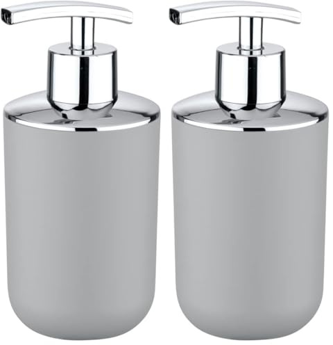 WENKO Seifenspender Brasil, nachfüllbarer Seifendosierer für Badezimmer und Küche, aus bruchsicherem Kunststoff, BPA-frei, Fassungsvermögen: 320 ml, 7,3 x 16,5 x 9 cm, Grau (Packung mit 2)