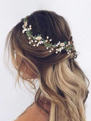IYOU Braut Hochzeit Haar Rebe Grün Blume Haarteil Gänseblümchen Perlen Stirnband Prom Party Haarschmuck für Bräute und Brautjungfern