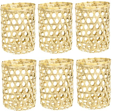Ciieeo 6 Stück Bambus-Tassenhülsen aus Glas, Besteckhalter, Tassenschutzhüllen, geflochtene Getränkehalter, Getränke-Dekoration für Zuhause, handgewebter Stifthalter, Rattan, goldfarbener Rand,