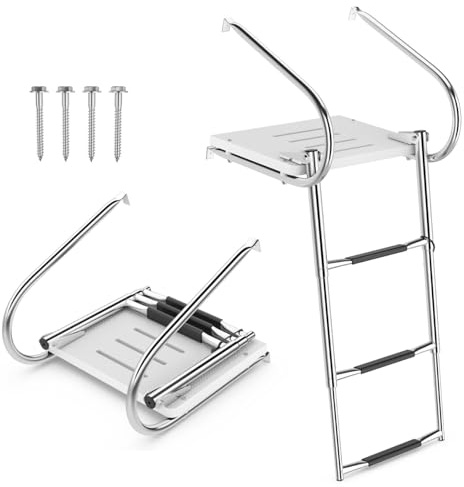 SPOTRAVEL Telescoping Marine Boat Ladder, 3/4 Step Folding Stainless Steel Boarding Ladder Rear Entry Inboard Ladder, Non-Slip Heavy Duty Custom Swim Deck Ladder (3 Step, with Platform & Handrails)