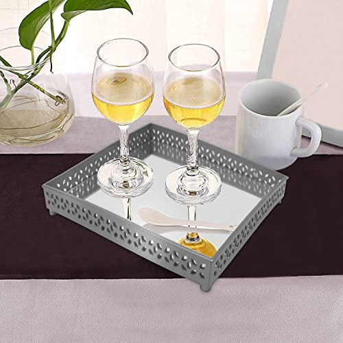 M1SS 1 x Silver Decorative Square Mirror Trays Vanity Perfume Candle Holders Cosmetic Makeup Tray, Jewelry Table Centerpiece Perfume Organizer Makeup Tray for Vanity, Dresser, Bathroom, Bedroom