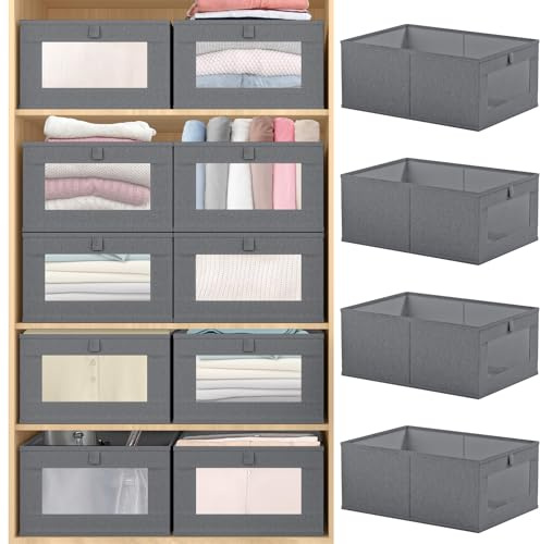 4 PCS Leinen Aufbewahrungsboxen, faltbare Schrank Organizer Container | für Kleidung, Jeans, Spielzeug, Bücher, Regal, Schrank, Kleiderschrank, große Aufbewahrungsbehälter Körbe mit klarem Fenster