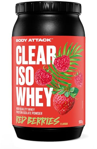 Body Attack Clear Iso Whey Redberries 900 g | Made in Germany, erfrischendes, klares Whey Protein Isolat, 24 g Protein und 11.400 mg EAAs pro Iso Whey Shake, zuckerfrei