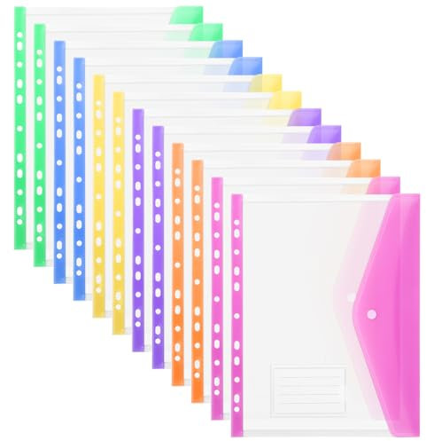 OFFCUP Sobres Portafolios para Carpetas, 12pcs Carpetas Plastico A4 con 11 Agujeros y Bolsillo para Etiqueta, Fundas Plastico para Documentos (Horizontal)