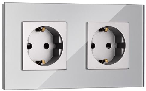 Navaris Enchufe con marco de cristal - Enchufe Schuko tipo F doble para empotrar - Placa de vidrio empotrable en pared con diseño elegante - Gris