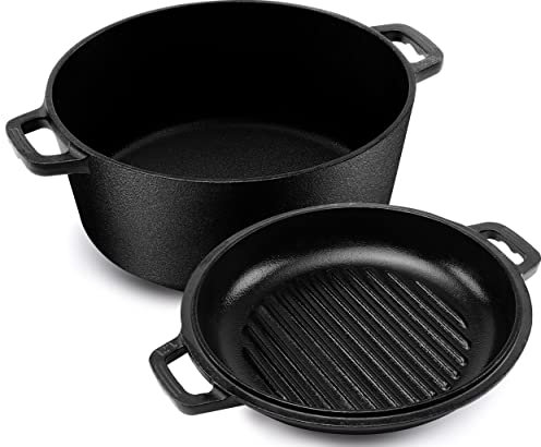 KICHLY 4.7L/5.0 Quart Pre Seasoned Cast Iron Pan, Dutch Oven with Lid, Dual Function Griddle Pan, 10.6 Inch (27 cm), Casted Pot with lid, Casserole Dish with Lid