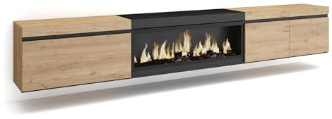 Skraut Home | Mueble TV | Televisión | Muebles de salón, almacenaje | 288x45x35 cm | para TV Gran Formato | Chimenea eléctrica XXL | Colgado, Suspendido | Estilo Moderno | Roble y Negro