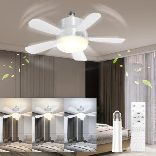 Toowell Small Ceiling Fans with Lights and Remote E26 E27 Screw in Fan Light 6 Speeds 3 Colors Dimmable Ceiling Fan Light Bulb with Timer Function for Bedroom