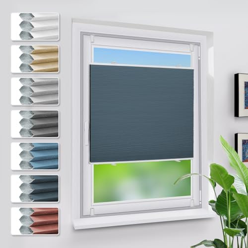 Grandekor Verdunklungsplissee Wabenplissee ohne Bohren Weiß-Blau 90x120cm (BxH) Klemmfix Plissee ohne Bohren Verdunkelung Thermo Rollo Wärmedämmung, Privatsphäre - & Sonnenschutz