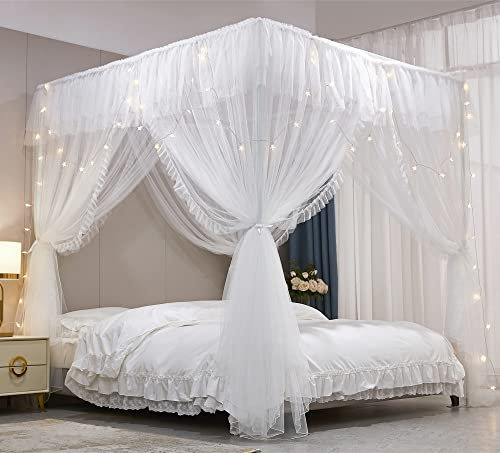 HUOQOU Baldaquin Princesse avec Volants Ciel de Lit Rectangulaire à 4 Ouvertures Moustiquaire Double Couche pour Chambre de Fille Décoration Romantique Doux et Respirant (Blanc,1,35W x 2l x 2,1H(m))