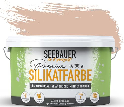 SEEBAUER diy Silikatfarbe Rot 5L für Innen (No. 302 Apricot Dream) Atmungsaktive Mineralfarbe für Allergiker - Abwaschbare Wandfarbe - Rottöne hohe Deckkraft