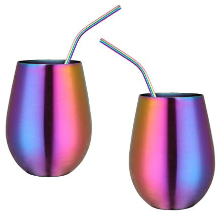 TEAHAHA 17 oz Stainless Steel Stemless Wine Glass Set of 2 with Straw，Outdoor Portable Wine Tumbler for the Pool, Camping,Cookouts， Unbreakable, Shatterproof Metal Drinking Tumblers (Rainbow Color)