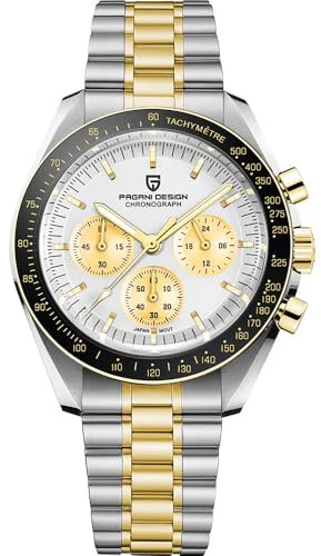 Pagani Design 1701 Herren Professioneller Chronograph Japan VK63 Quarzwerk Mond Armbanduhr aus Edelstahl 100M wasserdicht Casual Uhr Analoguhr Datum (Goldweiß)