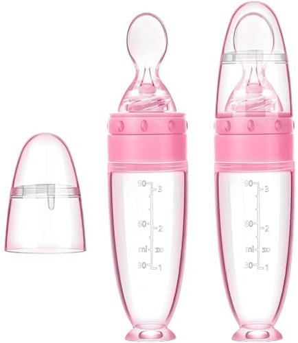 Cutties and Giggles Silicone Baby Squeeze Feeding Bottle with Integrated Spoon Dispenser, 60ml, Pink, BPA Free, Phthalate Free, PVC Free, Latex Free, Infant, Baby