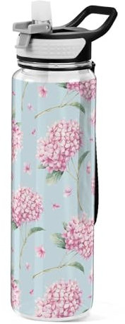 Pink Hydrangea Flowers on Blue Water Bottle 1L with Straw, Leakproof BPA Free Tritan Drink Bottle, Sport Water Bottle for Men Women Kids