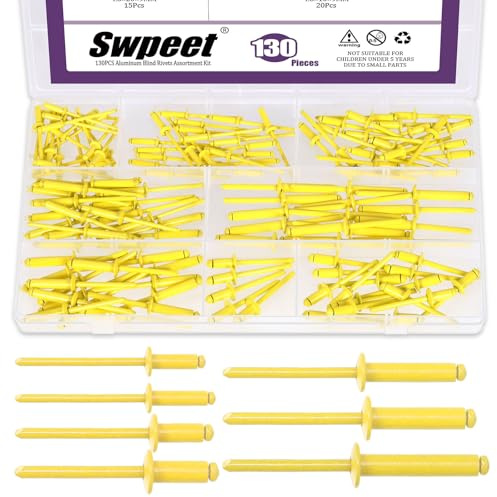 Swpeet 130Pcs 7 Sizes Yellow Large Flange Aluminum Blind Rivets Assortment Kit, Blind Pop Rivets Aluminum Grip and Steel Mandrel Blind Rivets for Metal, Furniture, Automotive