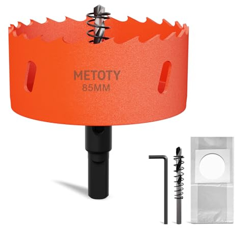 METOTY 85mm Bi-Metal Hole Saw,Universal HSS M42 Hole Saws,with Triangular Shaft Adapter and Centring Drill, One Free Dust Bag for Aluminum, Metals, Plastics, Acrylic Glass, Wood, Gypsum board