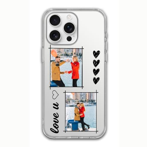 Personalisierte transparente Handyhülle mit zwei Bildern und Namentext für iPhone 11, 12, 13, 14, 15, 16 Pro Max Plus Mini, Geschenk