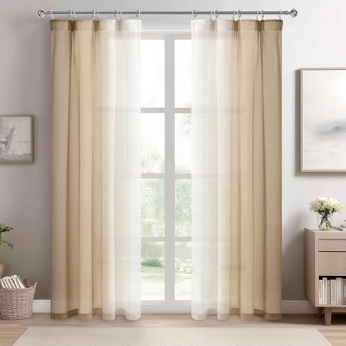 DWCN Farbverlauf Voile Gardinen mit Kräuselband, H225 x B140 cm (2er Set) | Taupe, Transparent Vorhänge mit Schienensystem, Vorhang Luftig Modern für Wohnzimmer Schlafzimmer Kinderzimmer Herbst