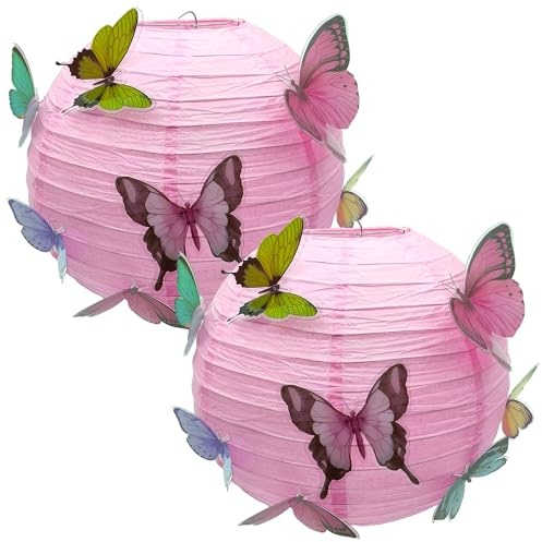 Niuhong 2 Pcs Rund Papier Laterne Lampion Lampenschirm Mit Schmetterling Kinder Anhänger Papierlaterne Frühlings Thema Dekorationen Für Party Geburtstag Taufe Garten Hochzeit Dekoration (rosa 30cm)