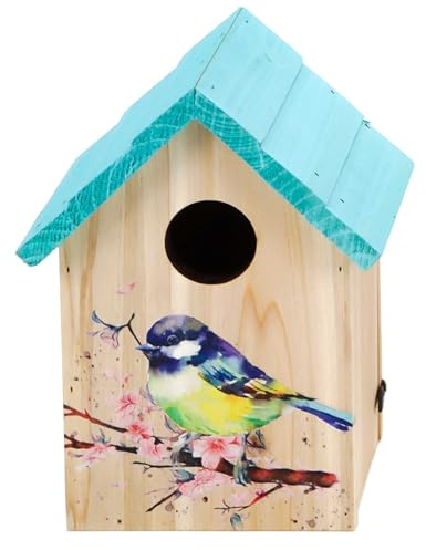 Vogelhaus/Nistkasten aus Holz zum Hängen oder Stellen, für kleinere Vögel wie Spatzen, Meisen etc., seitlich zu öffnen, rundes Einflugfenster Ø ca. 3,2 cm, fest verschraubter Aufhänger (Blau)