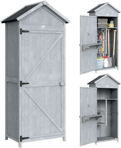Outsunny Armoire de Jardin en Sapin avec Étagères 77x52,5x178 cm Gris | Abri de jardin, Établi pliable, Toit en bardeaux bitumés, Armoire de rangement extérieur